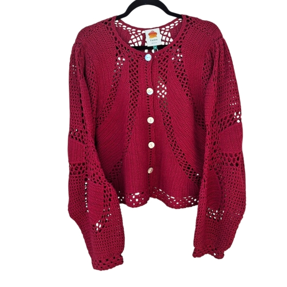 Farm Rio Handmade Crochet Dark Red Long Sleeve Cropped Sweater Women Size Medium